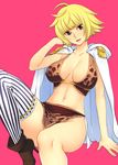  amazon asymmetrical_clothes bad_id bad_pixiv_id blonde_hair breasts cape cleavage epaulettes jii large_breasts marguerite navel one_piece short_hair simple_background single_thighhigh solo striped thighhighs 