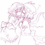  apron bad_id bad_pixiv_id bangs bat_wings blush closed_eyes couple dress frills graphite_(medium) hat izayoi_sakuya kiss maid maid_apron maid_headdress monochrome multiple_girls purple remilia_scarlet rias-shiki_kawaii ribbon short_hair sketch skirt touhou traditional_media wings yuri 