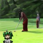  ? animal_ears bad_id bad_pixiv_id black_hair bunny_ears field futsuu golf golf_club grass green_hair houraisan_kaguya kisume lavender_hair long_hair long_sleeves multiple_girls purple_hair reisen_udongein_inaba standing touhou tree twintails very_long_hair 