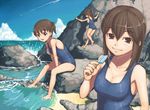  barefoot beach breasts brown_eyes brown_hair child cleavage cliff condensation_trail day food medium_breasts multiple_girls ocean one-piece_swimsuit original outdoors ponytail popsicle ripples rock sajipen school_swimsuit sitting soaking_feet splashing sweat swimsuit water 