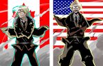  ahoge america america_(hetalia) american_flag axis_powers_hetalia blonde_hair bomber_jacket brothers canada canada_(hetalia) canadian_flag crossed_arms flag flag_background glasses grin jacket konishi_katsuyuki lens_flare male_focus multiple_boys parody seiyuu_connection siblings smile tehryu tengen_toppa_gurren_lagann 