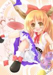  alcohol blush bow chain cup fang gourd hair_bow highres horns ibuki_suika imachi long_hair orange_hair sakazuki sake solo touhou yellow_eyes 