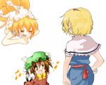  =_= alice_margatroid animal_ears beegle blonde_hair brown_eyes brown_hair cat_ears cat_tail chen chibi diving earrings expressive_clothes fang fox_tail hairband haruyonoto hat jewelry lupin_dive multiple_girls multiple_tails musical_note nude saliva short_hair tail touhou translated yakumo_ran yuri 