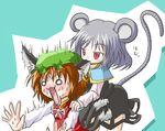  :3 animal_ears arinu biting blush brown_hair cat_ears cat_tail chen doraemon ear_biting earrings fang grey_hair hat jewelry mouse_ears mouse_tail multiple_girls multiple_tails nazrin o_o red_eyes role_reversal short_hair surprised sweat tail touhou 