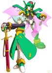  aqua_hair capcom closed_mouth dual_wielding expressionless full_body green_vest headset helios_(rockman) helmet holding holding_sword holding_weapon legs_together looking_at_viewer male_focus mechanical_wings official_art outstretched_arms pants rockman rockman_zx sheath sheathed simple_background standing sword transparent_wings vest weapon white_background white_pants wings 