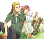  back-to-back blonde_hair casual coby eyewear_on_head glasses headband helmeppo jii male_focus multiple_boys one_piece pink_hair ponytail reading 
