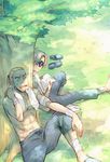  abs bad_id bad_pixiv_id bandages coby glasses helmeppo in_tree jii male_focus multiple_boys one_piece reading sitting sitting_in_tree towel tree 