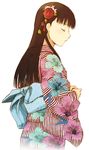  amagi_yukiko black_hair closed_eyes floral_print flower hair_flower hair_ornament hijiri_ruka japanese_clothes kimono long_hair persona persona_4 print_kimono solo striped vertical-striped_kimono vertical_stripes yukata 