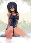  blue_eyes blue_hair blush competition_swimsuit head_tilt highres long_hair one-piece_swimsuit original refeia sitting sketch soaking_feet solo swimsuit tears water 