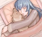  bed blanket closed_eyes dog hug lowres older open_mouth pillow rozen_maiden silver_hair sleeping solo suigintou tsuda_nanafushi 