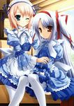  2girls blue_eyes hagiwara_onsen hair_ribbon highres long_hair maid maid_headdress momono_shiori multiple_girls natsuki_kaori one_eye_closed pink_hair red_eyes ribbon short_hair silver_hair smile thighhighs white_legwear 