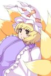  bad_id bad_pixiv_id blonde_hair fox_tail hands_in_opposite_sleeves hat ishikoro long_sleeves multiple_tails pillow_hat short_hair solo tail tassel touhou white_background wide_sleeves yakumo_ran yellow_eyes 