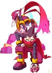 belt belt_buckle buckle capcom covering_mouth full_body hand_on_own_knee helmet looking_at_viewer official_art one_knee outstretched_arm pants pink_eyes pink_pants purple_hair red_eyes red_scarf rockman rockman_zx scarf shiny shiny_hair siarnaq simple_background spiked_hair white_background 