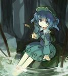  backpack bag barefoot blue_eyes blue_hair cattail chaba_(hortensia) forest hair_bobbles hair_ornament hat kawashiro_nitori key lowres nature plant short_hair sitting soaking_feet solo tail touhou twintails two_side_up water 