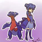  blue_hair dress fangs gabite gen_4_pokemon hitec holding_arm moemon personification pokemon pokemon_(creature) short_hair skirt teenage thighhighs translation_request yellow_eyes zettai_ryouiki 