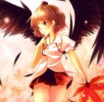  black_wings brown_eyes brown_hair dress_shirt expressionless fan feathers fountain_pen hat hauchiwa looking_away otogi_kyouka pen red_hair shameimaru_aya shirt short_hair skirt solo tokin_hat touhou wings 