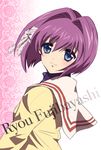  blue_eyes clannad fujibayashi_ryou hikarizaka_private_high_school_uniform izumi_(sachikara) purple_hair school_uniform short_hair solo 