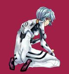  ass ayanami_rei back bad_id bad_pixiv_id blue_hair bodysuit kneeling kno1 looking_back neon_genesis_evangelion plugsuit red_eyes short_hair solo white_bodysuit 