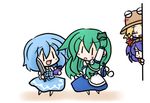  blonde_hair blue_hair chibi eggplant frog green_hair hat knife kochiya_sanae moriya_suwako multiple_girls tatara_kogasa touhou yanagi_(nurikoboshi) yasaka_kanako 