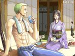  1girl abs cat japanese_clothes kimono muscle nico_robin one_piece roronoa_zoro seiza shirtless sitting zugan_(berugkamp) 
