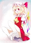  blonde_hair blush fang feet flandre_scarlet hat one_side_up oouso ponytail pov_feet red_eyes short_hair socks solo touhou wings 