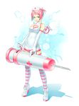  cleavage_cutout copyright_request elbow_gloves gloves hat high_heels k+ large_syringe legs nurse oversized_object pink_hair shoes short_hair solo striped striped_legwear syringe thighhighs 