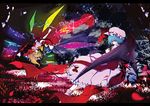  bat_wings blonde_hair blue_hair flandre_scarlet hat izayoi_sakuya moon multiple_girls one_side_up petals ponytail red_eyes red_moon remilia_scarlet rose_petals short_hair siblings silver_hair sisters touhou wings yume_koucha 