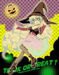  1girl boots breasts character_name choker cleavage copyright_name dress halloween hat lowres medium_breasts mizutama multicolored_hair nia_teppelin pantyhose polka_dot simon star striped tengen_toppa_gurren_lagann trick_or_treat witch witch_hat 