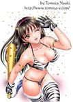  ;d animal_print armlet bare_shoulders bikini black_hair breasts brown_eyes character_request cleavage club copyright_request covered_nipples curvy earrings gloves gold_trim hairband horns jewelry kanabou large_breasts long_hair o-ring o-ring_bikini one_eye_closed oni oni_horns open_mouth simple_background smile solo swimsuit thighhighs tiger_print watermark weapon web_address white_background yuuki_tomoka zebra_print 