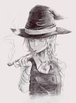  bad_id bad_pixiv_id braid buttons graphite_(medium) greyscale hair_ribbon hat kirisame_marisa kiseru kuroda_(nanchara_flight) monochrome pipe pipe_in_mouth ribbon single_braid sketch smoke smoking solo touhou traditional_media witch_hat 