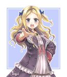  atelier_(series) atelier_rorona blonde_hair blue_background blue_eyes blush bow coat cuderia_von_feuerbach dress frills hair_bow hand_on_hip jewelry long_hair long_sleeves necklace open_mouth outline pointing pointing_at_viewer solo tenten_(edp666) twintails two_side_up 