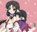  aruruw bad_id bad_pixiv_id black_hair brown_eyes eruruw happy hug long_hair multiple_girls utawareru_mono yasanori 