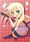  9law bare_shoulders black_legwear blonde_hair butt_crack copyright_request green_eyes guitar instrument long_hair looking_back open_mouth smile solo thighhighs 