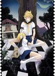  1girl bad_id bad_pixiv_id blonde_hair brother_and_sister closed_eyes hair_ribbon headphones holding_hands kagamine_len kagamine_rin lovecom necktie ribbon school_uniform serafuku short_hair siblings skirt sleeping socks twins vocaloid yellow_neckwear 