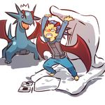  1boy angry blue_hair broken futon gen_3_pokemon handheld_game_console hitec male_focus moemon nintendo_ds pajamas personification pokemon pokemon_(creature) red_wings salamence stylus wings 