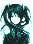 74 bad_id bad_pixiv_id detached_sleeves hatsune_miku long_hair monochrome necktie simple_background smile solo twintails vocaloid 