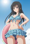  bikini black_hair blush breasts brown_eyes day frills front-tie_top frown hands_on_hips highres innertube kotegawa_yui medium_breasts solo swimsuit to_love-ru toshi_(anime_coloring) underboob wavy_mouth 