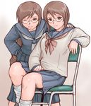  bespectacled brown_eyes brown_hair chair glasses long_hair multiple_girls older one_eye_closed rozen_maiden school_uniform serafuku short_hair siblings sisters sitting skirt smile souseiseki suiseiseki tsuda_nanafushi twins 