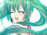  ^_^ aka_ume aqua_hair backlighting bare_shoulders blush close-up closed_eyes face happy hatsune_miku jpeg_artifacts long_hair non-web_source open_mouth ribbon smile solo twintails very_long_hair vocaloid 