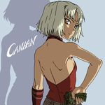  428 bare_shoulders bob_cut brown_eyes canaan canaan_(character) choker flat_chest gun halter_top halterneck handgun looking_back lowres short_hair solo weapon white_hair yuuya_(yu-ya's) 