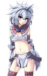  blush breasts cleavage elbow_gloves gloves grey_hair grune hairband highres horn kirin_(armor) large_breasts loincloth long_hair midriff monster_hunter navel simple_background solo thighhighs underboob 