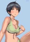  arm_support ayumu_(zenkou) black_hair blue_background blush breast_poke breasts cleavage covered_nipples dated fang large_breasts looking_afar messy_hair orange_eyes original parted_lips poking shiny shiny_skin short_hair simple_background sitting solo sports_bra zenkou 