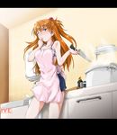  apron bandages blue_eyes bra camera cooking finger_sucking highres kitchen knife letterboxed lingerie long_hair matsukura_nemu neon_genesis_evangelion orange_hair rebuild_of_evangelion shikinami_asuka_langley shorts solo souryuu_asuka_langley tears underwear viewfinder wince 