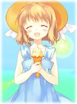  bad_id bad_pixiv_id blonde_hair closed_eyes dress food fortune_summoners happy hat ice_cream open_mouth sana_poanet short_hair solo straw_hat takeda_mika 