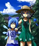  2girls alternate_costume arm_at_side bandaid bandaid_on_face bare_arms blue_eyes blue_hair bokuden cirno closed_eyes cloud contemporary day dress facing_viewer frog green_dress hand_on_another's_shoulder hat holding house ice ice_wings konpaku_youmu looking_at_viewer multiple_girls outdoors outstretched_arm shirt short_sleeves silver_hair sky sleeveless sleeveless_dress smile straw_hat sun_hat sundress t-shirt touhou tree wind_chime wings 