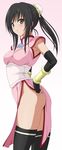  absurdres black_hair blush brown_eyes bun_cover china_dress chinese_clothes dress elbow_gloves fingerless_gloves gloves hair_bun highres kotegawa_yui legs ponytail side_slit solo thighhighs to_love-ru toshi_(anime_coloring) 