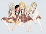  axis_powers_hetalia bad_id bad_pixiv_id barefoot belarus_(hetalia) blue_hairband dress feet grey_background hair_ornament hair_ribbon hairband hungary_(hetalia) legs liechtenstein_(hetalia) multiple_girls namahamuro-su necktie pinafore_dress plaid ribbon school_uniform seychelles_(hetalia) simple_background smile ukraine_(hetalia) unmoving_pattern x_hair_ornament 