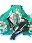  :&lt; aqua_eyes aqua_hair bad_id bad_pixiv_id chisa_(misaaa) detached_sleeves flower hair_ribbon hatsune_miku headphones headset long_hair necktie ribbon skirt solo thighhighs twintails very_long_hair vocaloid zettai_ryouiki 