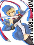  beret blazblue blonde_hair bolverk character_name detached_sleeves dress dual_wielding gloves green_eyes gun handgun hat holding necktie noel_vermillion noisyu ribbon short_dress short_hair solo thighhighs weapon zettai_ryouiki 