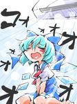  air_conditioner blue_hair bow cirno closed_eyes dress hair_bow heart heart_in_mouth ice ice_wings open_mouth ribbon seiza shinapuu short_hair sitting sketch smile solo touhou wings 